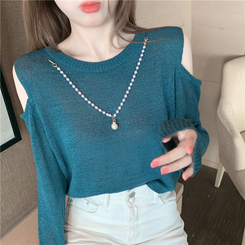 Thin round neck tops long sleeve sweater for women