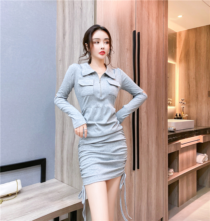 Autumn knitted fashion Western style slim pleated dress