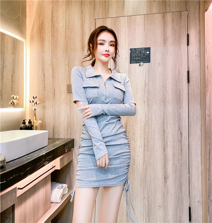 Autumn knitted fashion Western style slim pleated dress