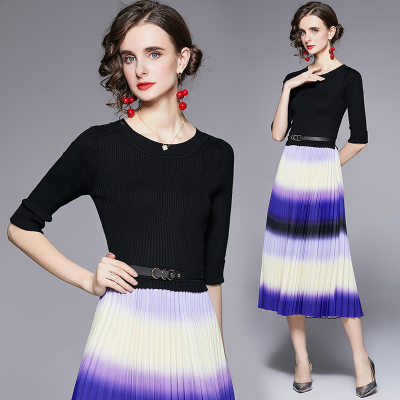 Pleated knitted belt autumn round neck dress for women