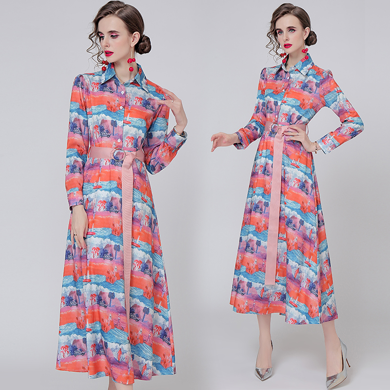 Printing pinched waist shirt autumn lapel long dress for women