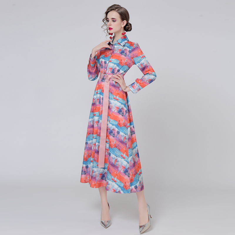 Printing pinched waist shirt autumn lapel long dress for women