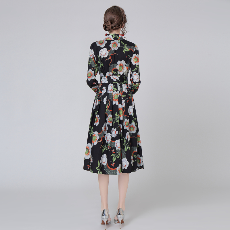 Bow frenum slim fashion printing crimp long dress