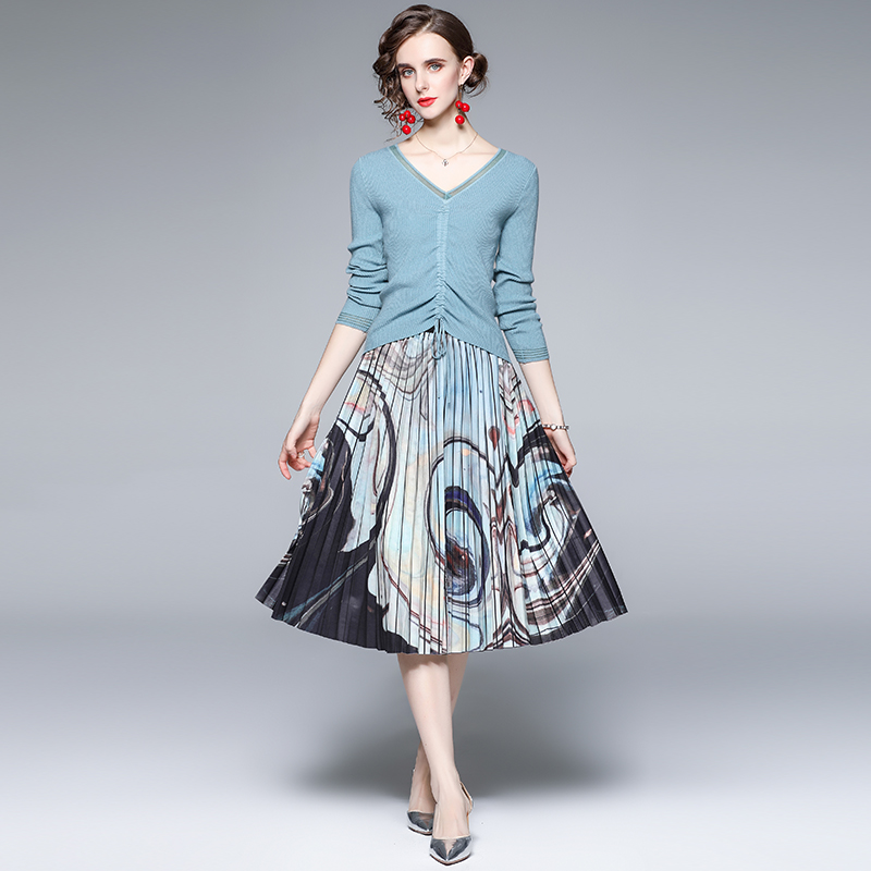 Fashion knitted pleated temperament autumn skirt 2pcs set