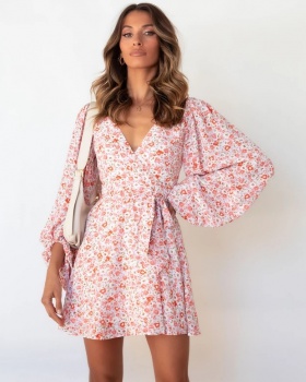 Printing autumn pinched waist V-neck long sleeve dress