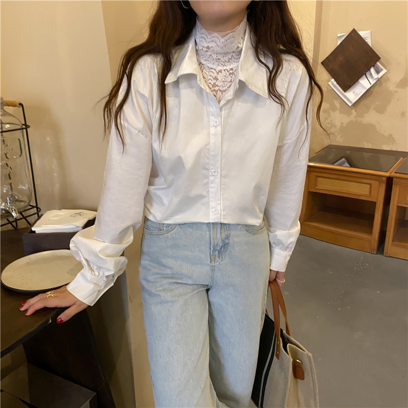 Splice pure cotton Korean style long sleeve white shirt for women