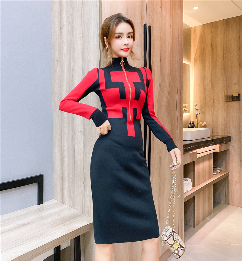 Knitted fashion long package hip mixed colors dress