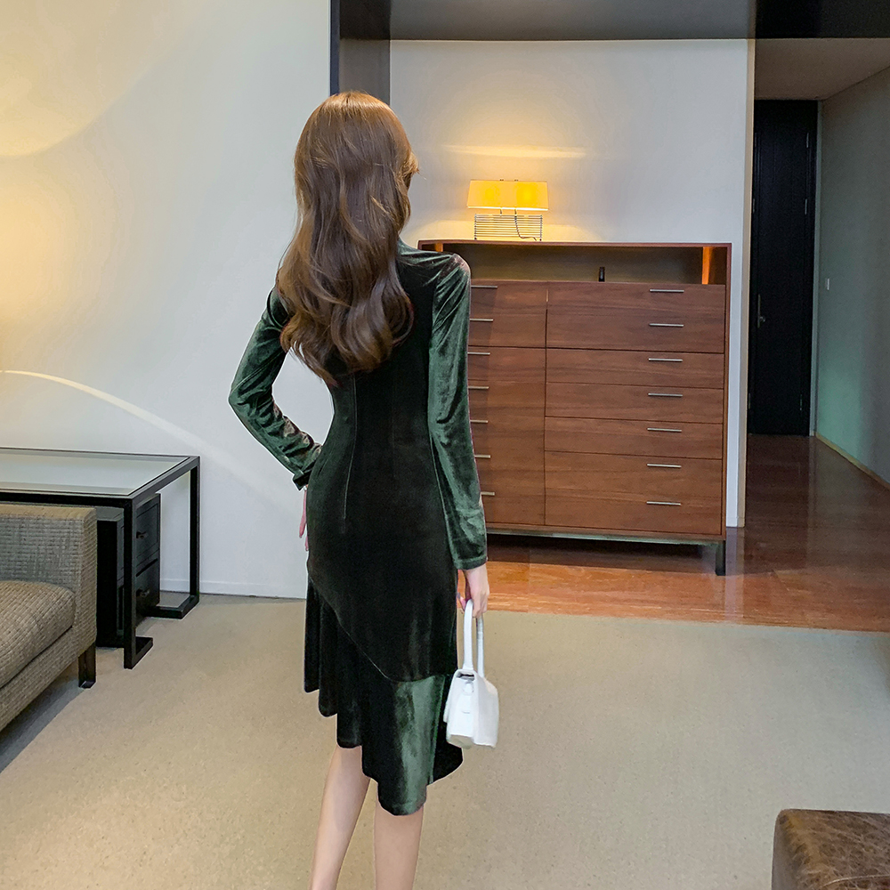Chouzhe elegant golden velvet dark-green slim irregular dress