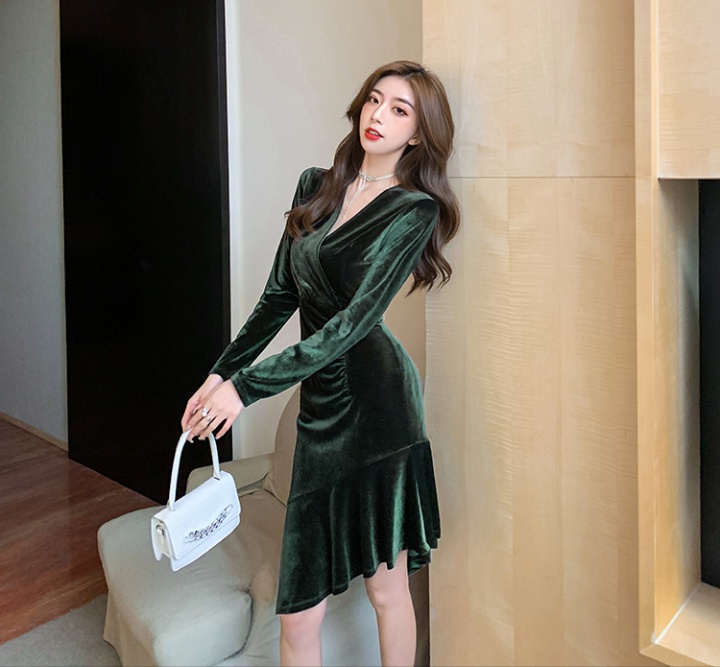 Chouzhe elegant golden velvet dark-green slim irregular dress