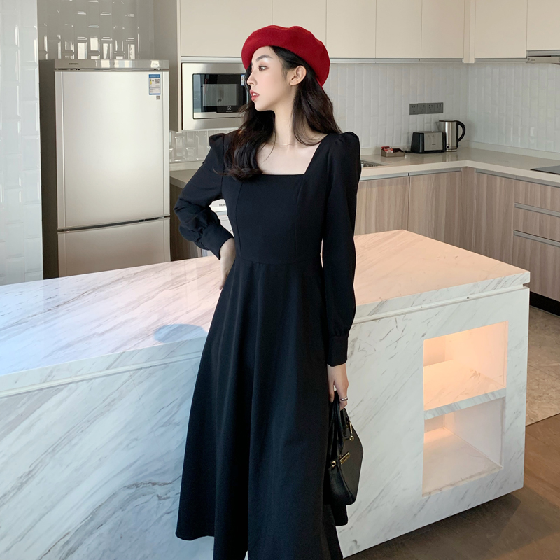 Black long dress square collar dress for women