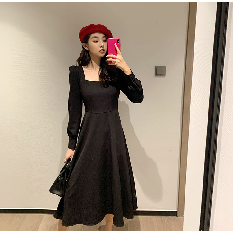 Black long dress square collar dress for women