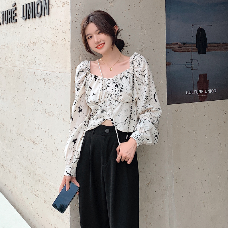 Square collar Korean style autumn short fashion tops