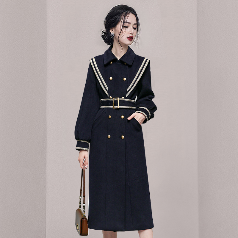 Long woolen pinched waist thick overcoat for women