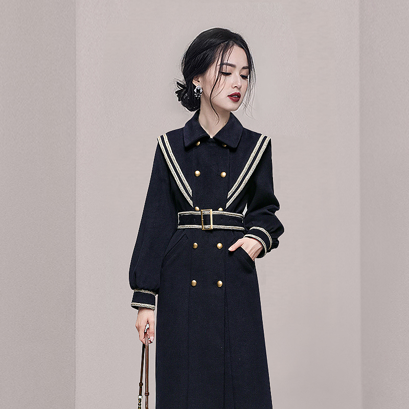Long woolen pinched waist thick overcoat for women