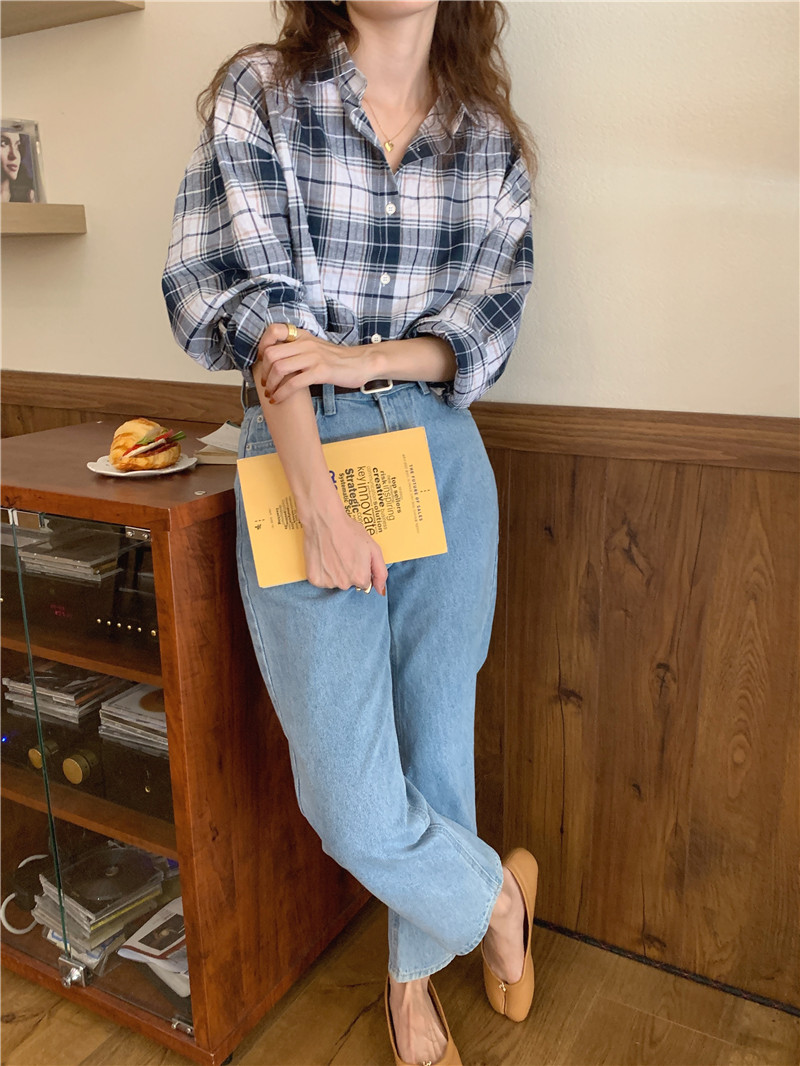 Autumn Korean style classic all-match long sleeve plaid shirt