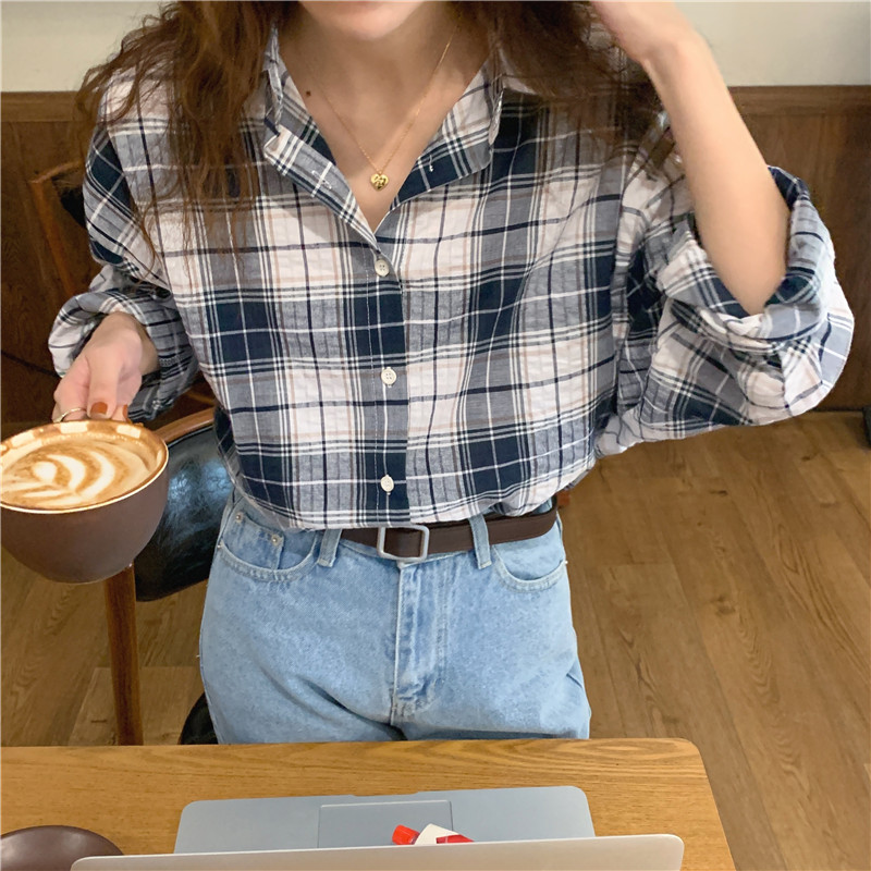 Autumn Korean style classic all-match long sleeve plaid shirt