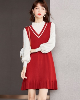 Western style autumn dress red Pseudo-two sweater for women