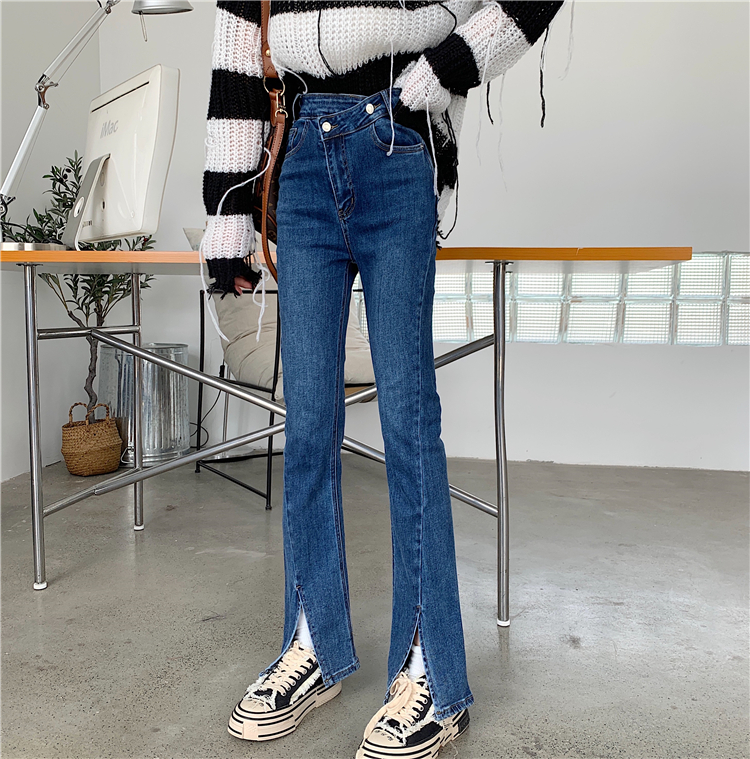 Autumn micro speaker pants split high waist jeans