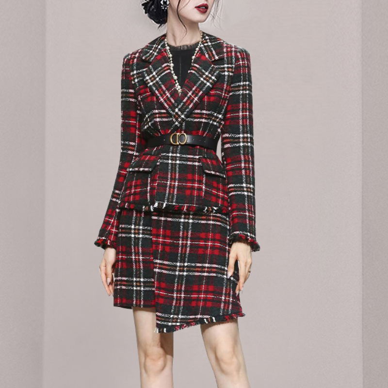 Fashion plaid short skirt autumn woolen coat a set