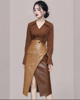 Asymmetry leather skirt pinched waist shirt 2pcs set
