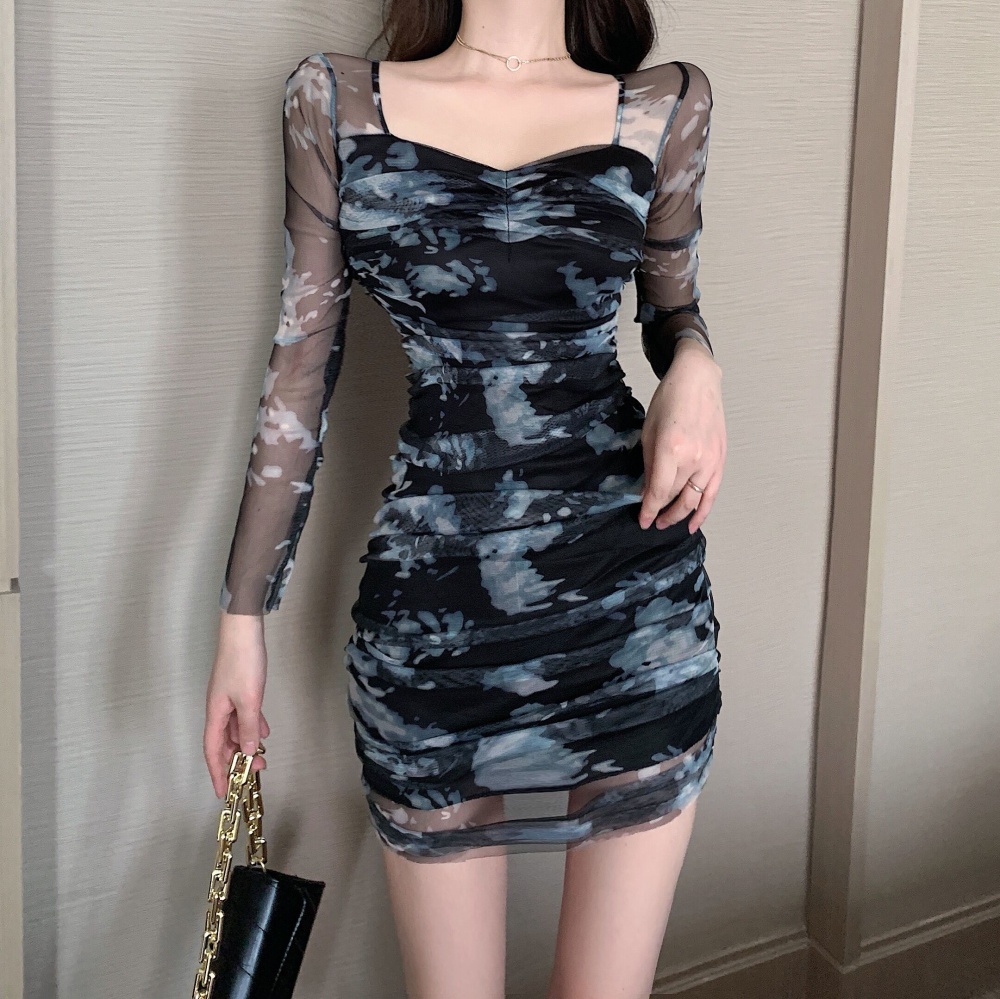 Bottoming printing pinched waist autumn slim lace dress