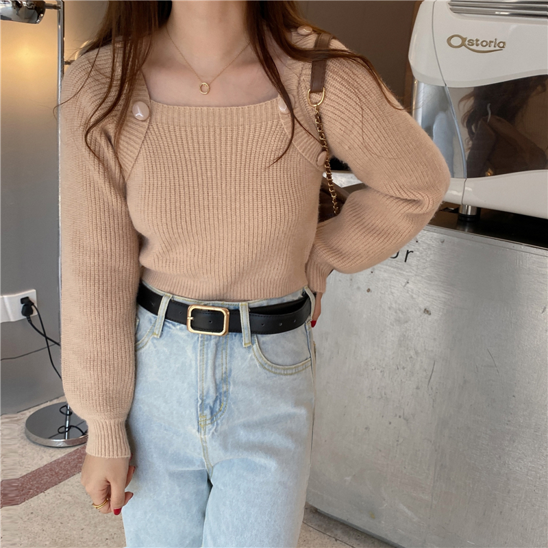 Autumn buckle bottoming shirt square collar sweater