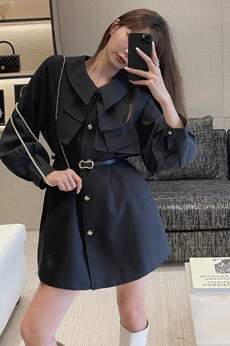 Autumn pinched waist windbreaker bow collar dress for women