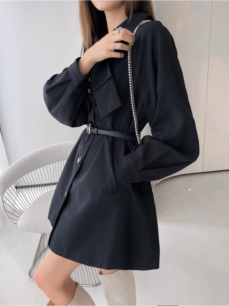 Autumn pinched waist windbreaker bow collar dress for women