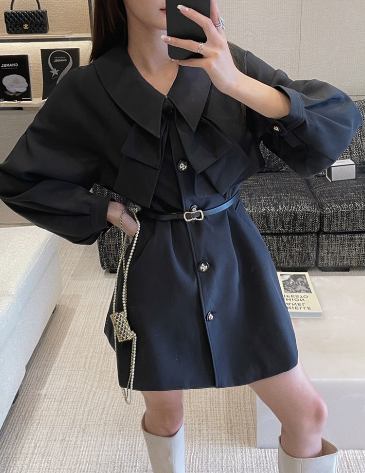 Autumn pinched waist windbreaker bow collar dress for women