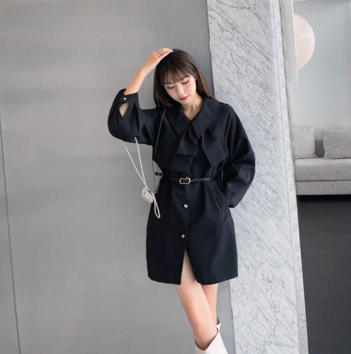 Autumn pinched waist windbreaker bow collar dress for women