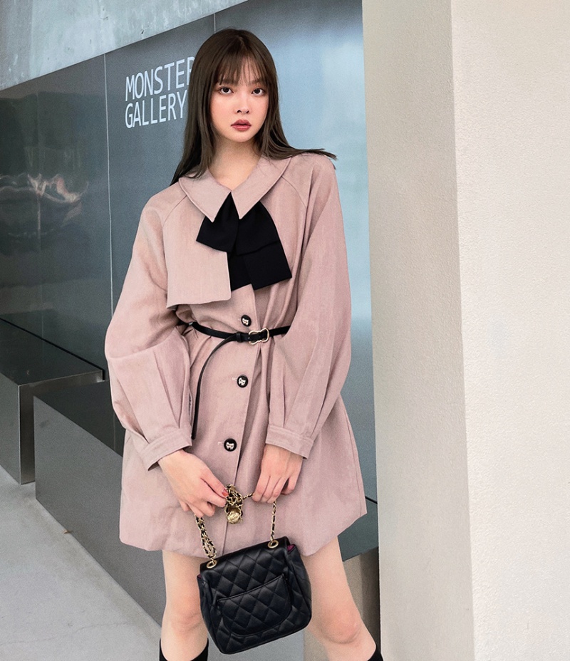 Autumn pinched waist windbreaker bow collar dress for women