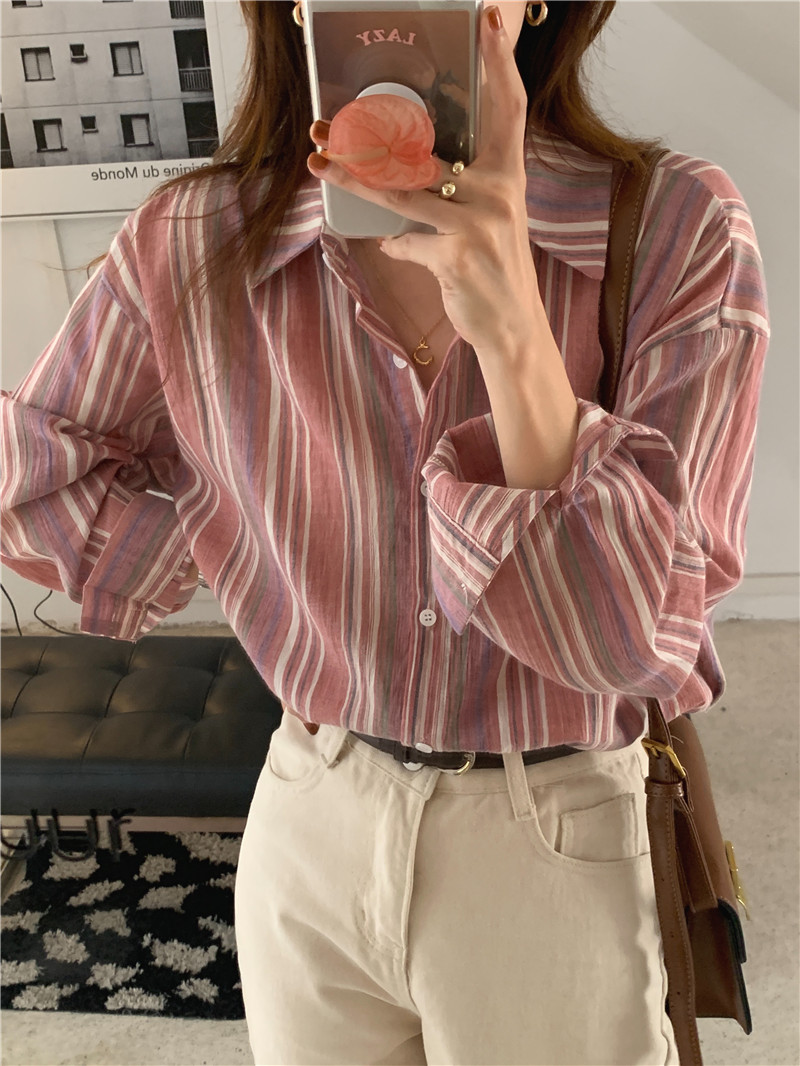 Long sleeve Korean style cotton linen stripe shirt