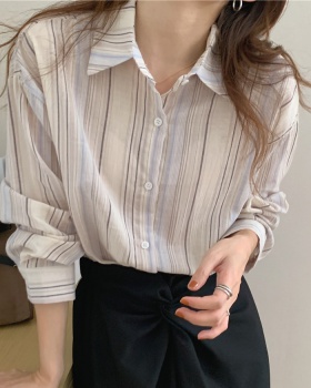Long sleeve Korean style cotton linen stripe shirt
