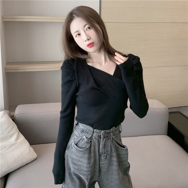 Puff sleeve Korean style tops slim long sleeve sweater for women