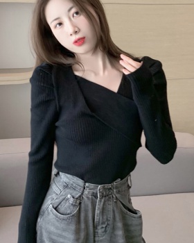 Puff sleeve Korean style tops slim long sleeve sweater for women