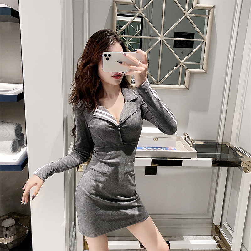 Autumn and winter V-neck package hip slim dress for women