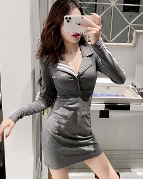 Autumn and winter V-neck package hip slim dress for women