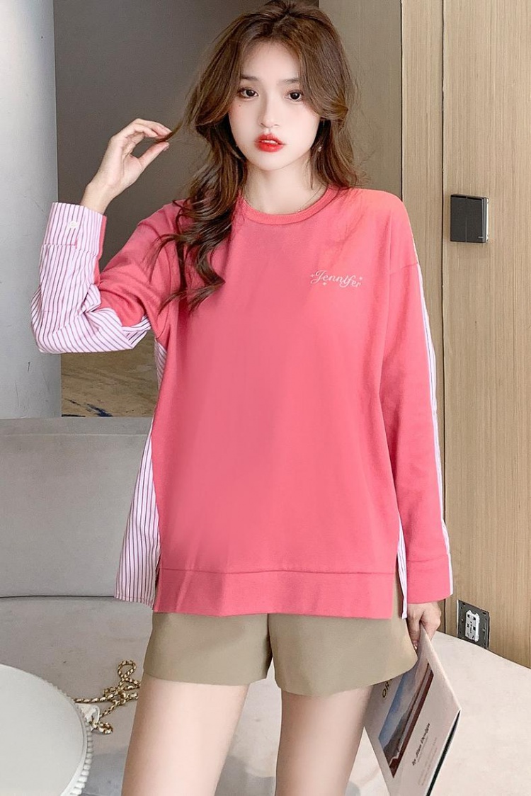 Autumn round neck splice shirt lazy loose hoodie for women