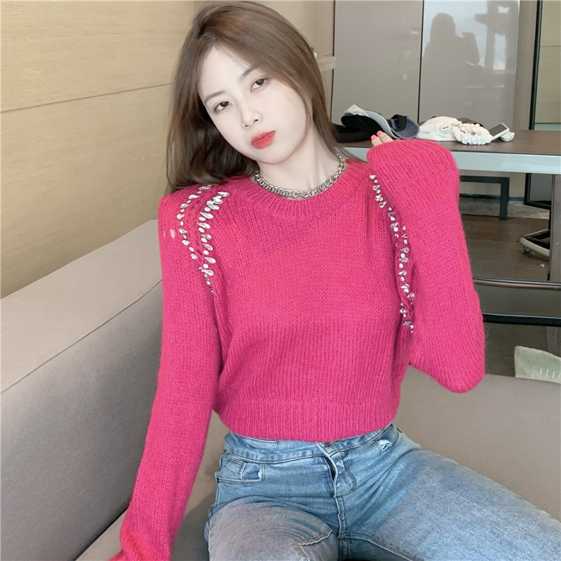 Short sweet sweater rose-red holes tops for women
