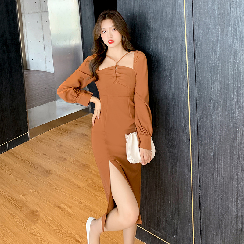 Slim long sleeve sexy autumn high waist Korean style dress