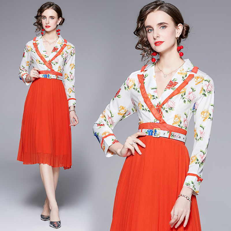 Printing autumn business suit pleated long dress