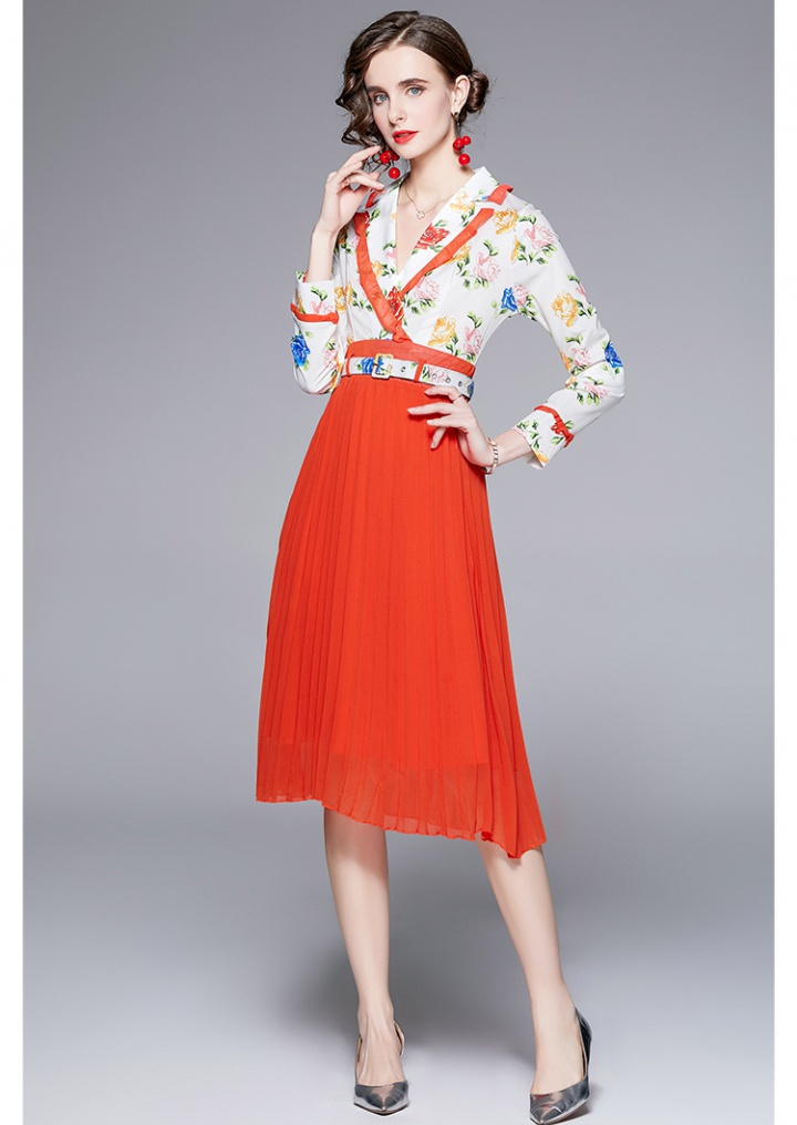 Printing autumn business suit pleated long dress