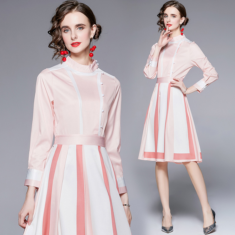Irregular pink-white splice dress long slim pleated tops