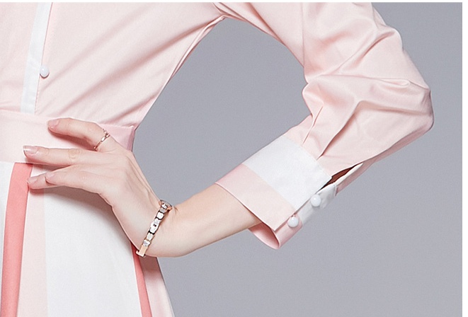 Irregular pink-white splice dress long slim pleated tops
