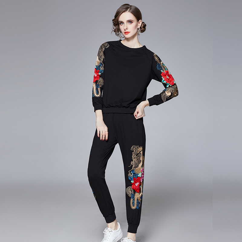 Raglan sleeve black cotton T-shirt 2pcs set for women