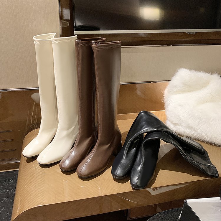 Winter square head thigh boots side zipper boots