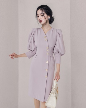 Metal puff sleeve single-breasted pinched waist autumn dress