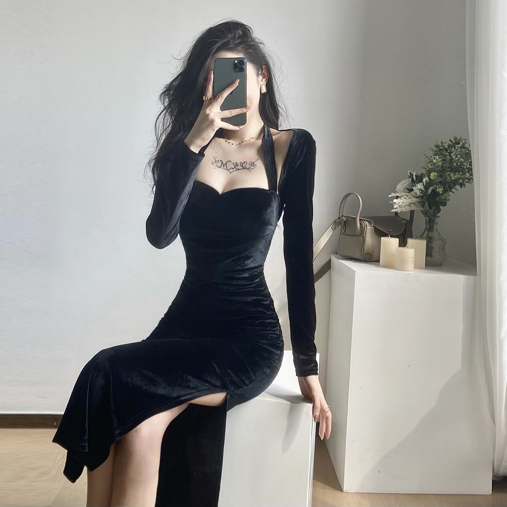 Long waistcoat black formal dress 2pcs set