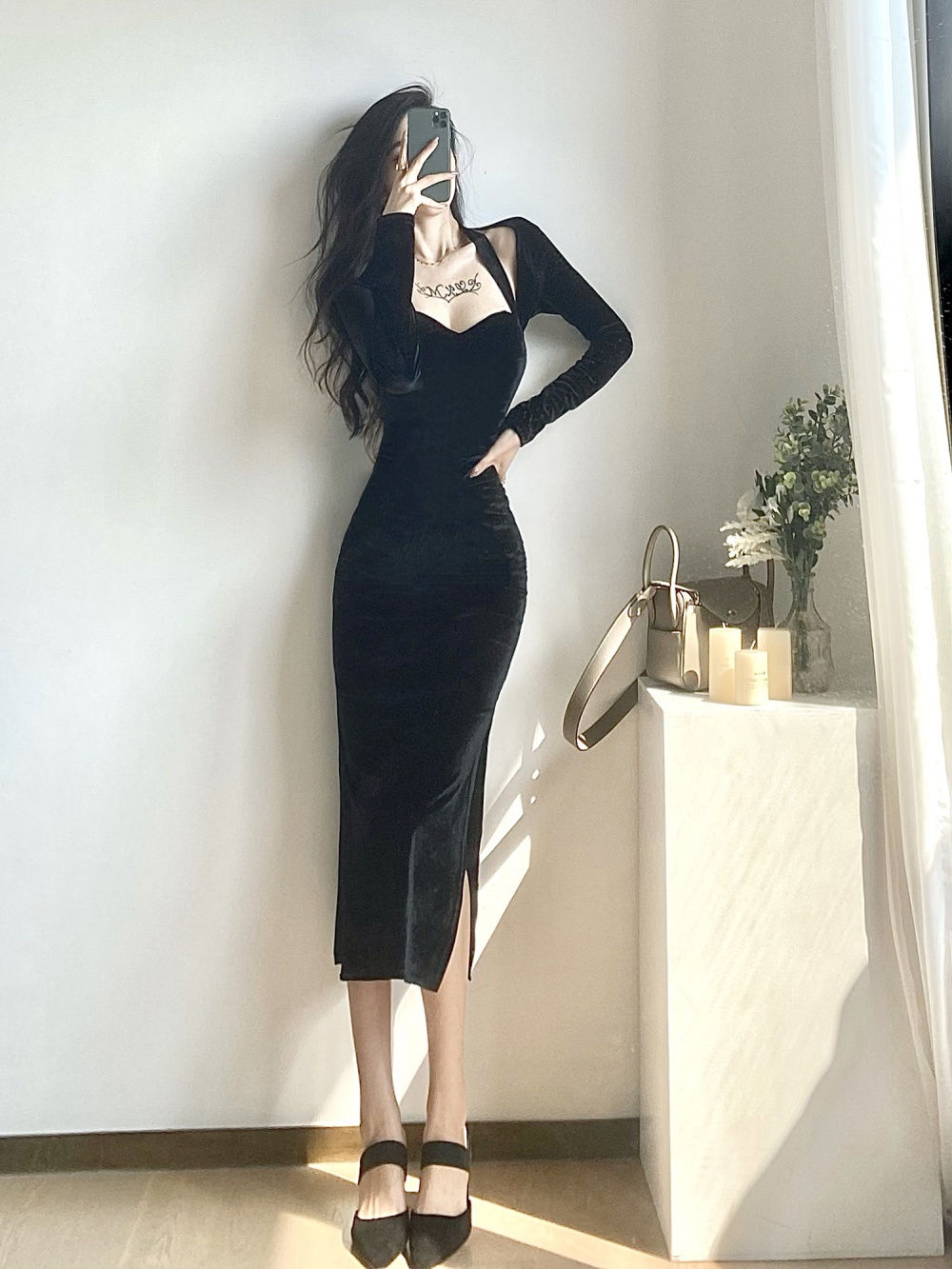 Long waistcoat black formal dress 2pcs set