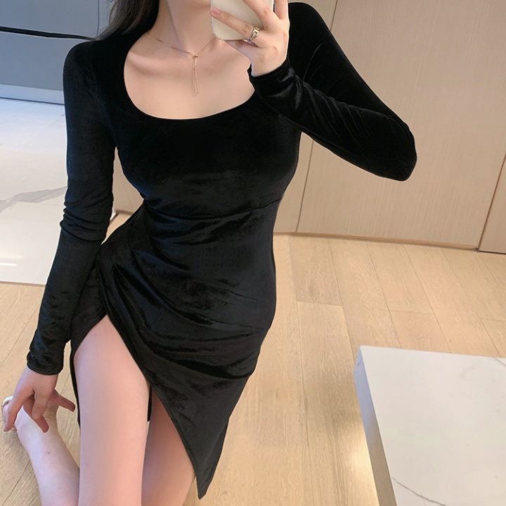 Fold velvet split spicegirl slim irregular dress for women